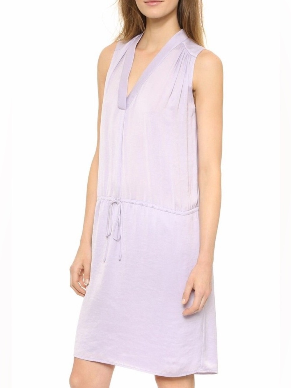 Vince. Sleeveless Light silk Lavender Drawstring V-Neck Dress